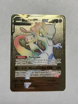 Rainbow Mewtwo & Mew GX Tag Team 270HP Gold Metal Fan Art Display Card NM/M - Image 1