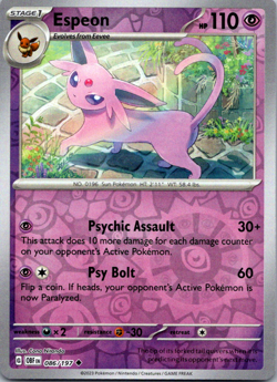 Espeon 086/197 Reverse Holo Scarlet & Violet Obsidian Flames Pokemon Card NM - Image 1