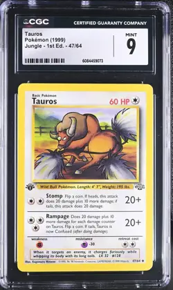 CGC 9 MINT Tauros 1st Edition 47/64 Jungle 1999 Pokemon Card - Image 1