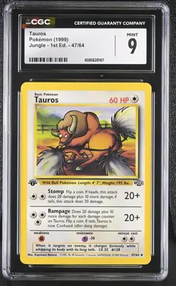 CGC 9 MINT Tauros 1999 Jungle 1st Edition 47/64 Pokemon Card - Image 1