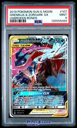 Pokemon Card PSA 9 Greninja & Zoroark GX 107/214 Holo SM Unbroken Bonds 2019 - Image 1