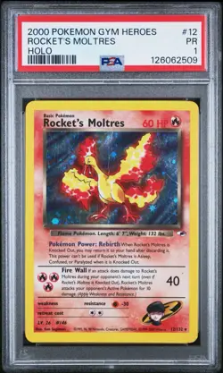 PSA 1 Rocket's Moltres 12/132 Gym Heroes 2000 Holo Rare WOTC Pokemon Card TCG - Image 1