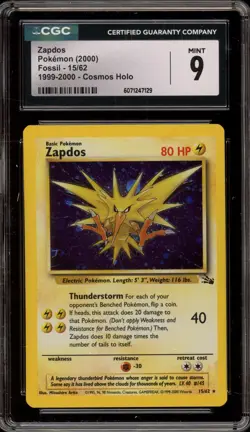 Pokemon Zapdos Fossil 1999-2000 Cosmos Holo Rare #15 CGC 9 Mint - Image 1