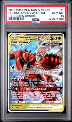 2019 POKEMON SUN & MOON UNBROKEN BONDS #1 PHEROMOSA & BUZZWOLE GX PSA 10 - Image 1