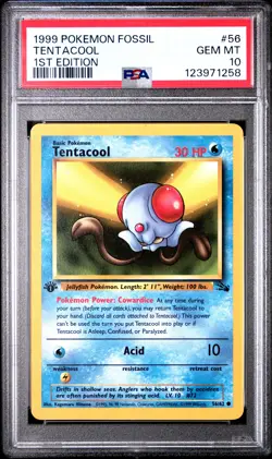 1999 POKEMON FOSSIL 1ST ED #56 TENTACOOL PSA 10 - Image 1