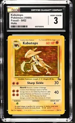 CGC 3 Kabutops 1999 Fossil 9/62 Holo Pokemon Card psa - Image 1