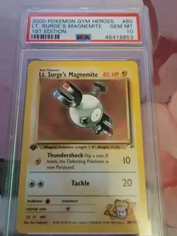 PSA 10 GEM MINT Lt Surge's Magnemite 1ST EDITION Gym Heroes Pokemon Card - Image 1