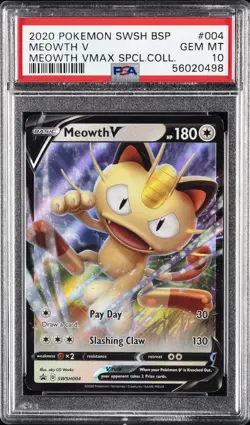 2020 POKEMON SWSH BLACK STAR PROMO MEOWTH VMAX SPECIAL COLL #004 MEOWTH V PSA 10 - Image 1