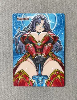 Magic MTG Altered Painted Mountain Warrior Anime Girl by white_alters - Image 1