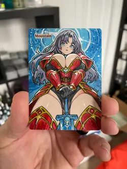 Magic MTG Altered Painted Mountain Warrior Anime Girl by white_alters - Image 2