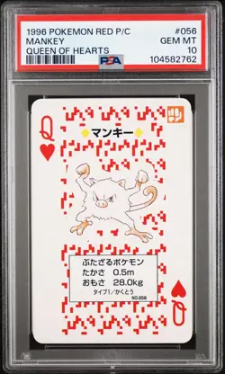 1996 POKEMON RED VERSION PLAYING CARDS QUEEN OF HEARTS #056 MANKEY PSA 10 - Image 1