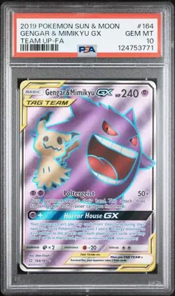 2019 POKEMON SUN & MOON TEAM UP #164 FULL ART/GENGAR & MIMIKYU GX PSA 10 - Image 1