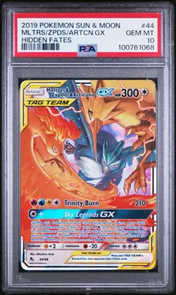 2019 Moltres Zapdos Articuno GX #44 Pokemon Hidden Fates PSA 10 Gem Mint - Image 1