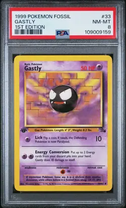 Pokemon Card Gastly 33/62 1st Edition Fossil Set 1999 PSA 8 NM-MT - Image 1