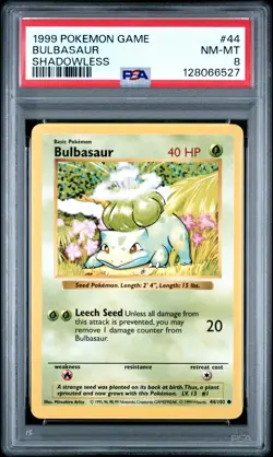 1999 POKEMON BASE SET SHADOWLESS #44 BULBASAUR PSA 8 - Image 1