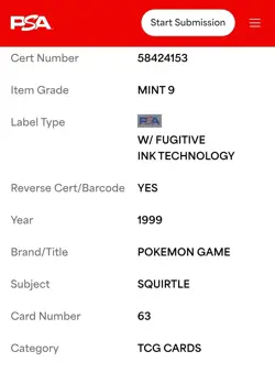1999 Pokemon "PERFECT CENTERING " #63 SQUIRTLE PSA 9 Mint NEW FRESH SLAB - Image 3