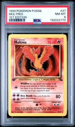 PSA 8 NEAR MINT-MINT | Pokemon TCG | Moltres | 1st Edition | Fossil 27/62 - Image 1