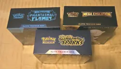 Pokemon Lot Of 3 ETB: Phantasmal Flames, Mega Evolution & Surging Sparks Sealed - Image 2