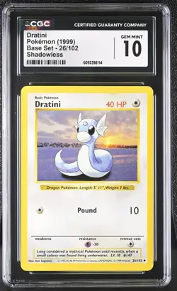 CGC 10 GEM MINT Dratini 1999 Base Set 26/102 Shadowless Pokemon Card - Image 1