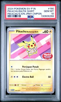 2024 POKEMON INDONESIAN PIKACHU INDONESIA JOURNEY PIKACHU IN BATIK SHIRT PSA 10 - Image 1