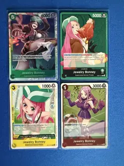 Jewelry Bonney One Piece 4-card lot OP07 Super Rare/Leader+OP10 Uncommon+++ PWE - Image 1