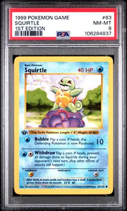 1999 POKEMON BASE SET 1ST EDITION #63 SQUIRTLE PSA 8 - Image 1