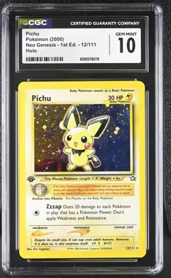 CGC 10 GEM MINT Pichu Neo Genesis 1st Edition 12/111 Holo Pokemon Card - Image 1