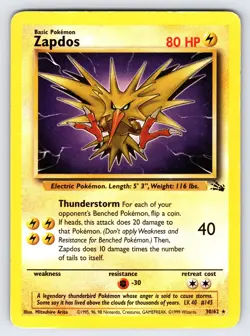Zapdos 30/62 1999 Fossil Set Pokemon Card TCG WOTC Vintage Non Holo Rare - Mp - Image 1