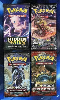 Pokemon Sun & Moon Booster Pack Lot X4 Hidden Fates Burning Shadows Ultra Prism - Image 1