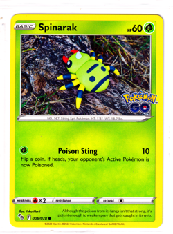 Spinarak 6/78 Pokemon GO ENGLISH Common 2022 Near Mint - Image 1