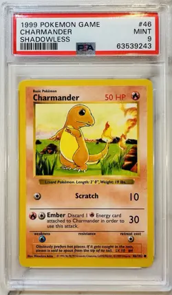 PSA 9 MINT Charmander Shadowless Base Set 1999 VINTAGE WOTC 46 Pokemon Card 5513 - Image 1