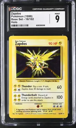 CGC 9 MINT Zapdos 1999 Base Set 16/102 Holo Pokemon Card - Image 1