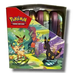 Pokemon TCG Prismatic Evolutions Mini Tin *EMPTY* Display Box & 8 Tins w/Coins - Image 4