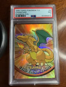 1999 Topps Pokemon TV #6 Charizard Rainbow Foil Black Logo PSA 7 Near Mint - Image 1