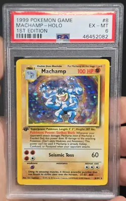 1999 WOTC POKEMON TCG BASE SET 1ST EDITION MACHAMP HOLO PSA 6 EXCELLENT MINT #8 - Image 1