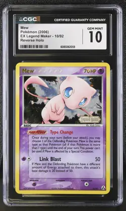 CGC 10 GEM MINT Mew 2006 EX Legend Maker 10/92 Reverse Holo STAMPED Pokemon Card - Image 1