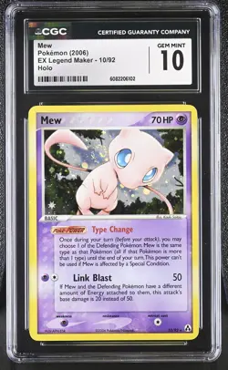 CGC 10 GEM MINT Mew 2006 EX Legend Maker 10/92 Holo SWIRL Pokemon Card - Image 1