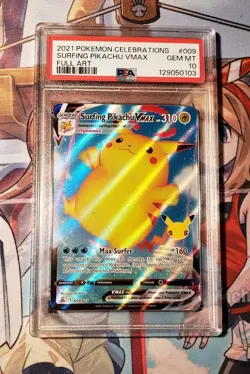 2021 POKEMON CELEBRATIONS #009 FULL ART/SURFING PIKACHU VMAX PSA 10 - Image 1