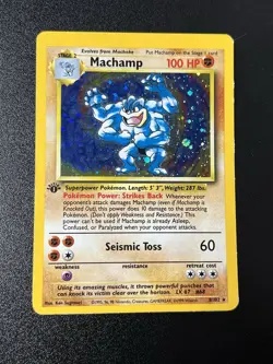 1st Edition Machamp 8/102 Holo Base Set Pokemon Card WOTC Miscut LP Ex - Image 1