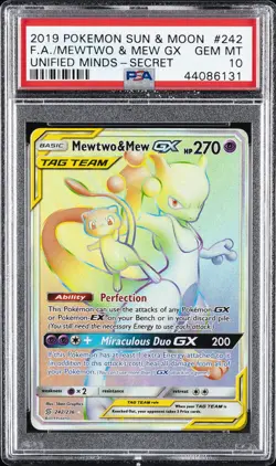 2019 POKEMON SUN & MOON UNIFIED MINDS SECRET FULL ART/MEWTWO & MEW GX PSA 10 - Image 1