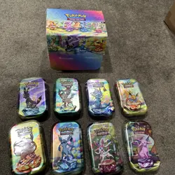 pokemon prismatic evolutions mini tin sealed set Of 8 W/Display Box - New - Image 1