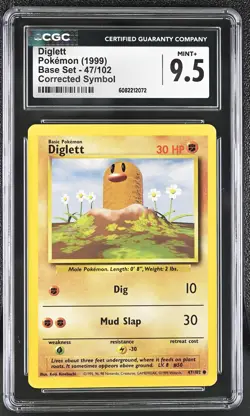 CGC 9.5 MINT+ Diglett 1999 Base Set 47/102 Corrected Symbol Pokemon Card - Image 1