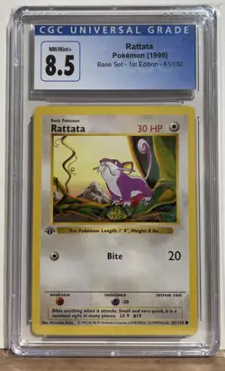 Pokemon CGC 8.5 NM 1st Ed. Base Set COMMON Rattata 61/102 - Image 1