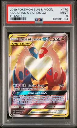 2019 POKEMON SUN & MOON TEAM UP #170 FULL ART LATIAS & LATIOS GX PSA 9 ENGLISH - Image 1