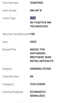 2022 Magic: The Gathering KEENING STONE #158/500 Schematic Serialized Rare PSA 8 - Image 3
