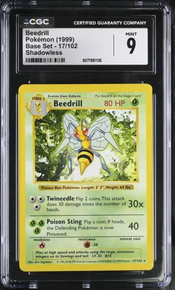 CGC 9 MINT Beedrill 1999 Base Set 17/102 Shadowless Pokemon Card - Image 1