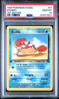 1999 POKEMON FOSSIL 1ST ED #51 KRABBY PSA 10 - Image 1