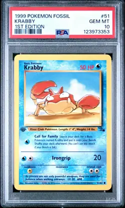 1999 POKEMON FOSSIL 1ST ED #51 KRABBY PSA 10 - Image 1