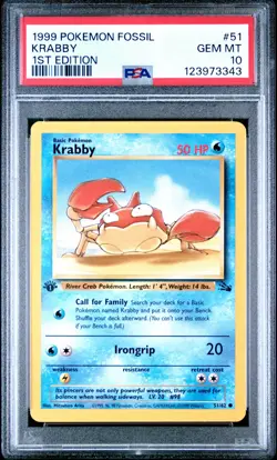 1999 POKEMON FOSSIL 1ST ED #51 KRABBY PSA 10 - Image 1