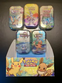 5x Pokemon TCG: Kanto Friends & Mew Two Mini Tins (D22) LOT w/ DISPLAY BOX - Image 1